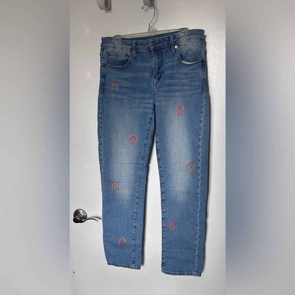 American Eagle Outfitters Blue Jeans with Rainbow Embroidery